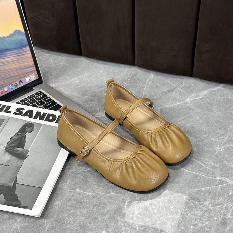 Gentle Small Fragrant Wind Shallow Mouth Mary Jane Shoes Summer Word with Sandals 2025 New Pleated Flat-bottomed Work Shoes