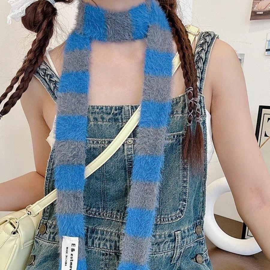 Y2K Girls Knitted Striped Scarf Winter Warm Neck Slim Women Long Scarves Fashion Streetwear Skinny Scarf Decorative Neckerchief