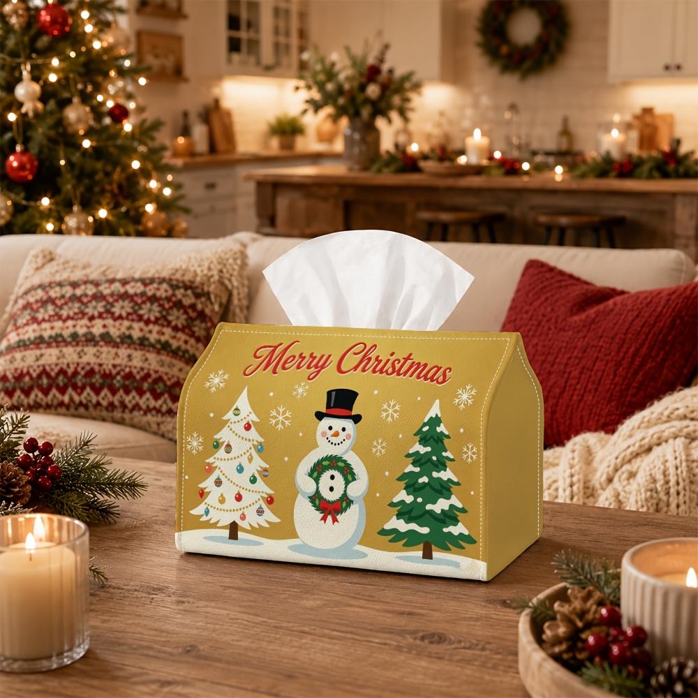 1pc Christmas Cheerful Winter Wonderland Tissue Box - Snowman Figure Fir Tree, Durable Napkin Organizer for Car, Kitchen, Dining, Home Decor - Decorat