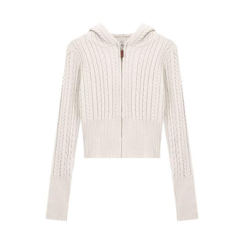 Womens Soft Cable Knit Hooded Zip-Up Cardigan Short Cropped Sweater Korean Style Casual Winter