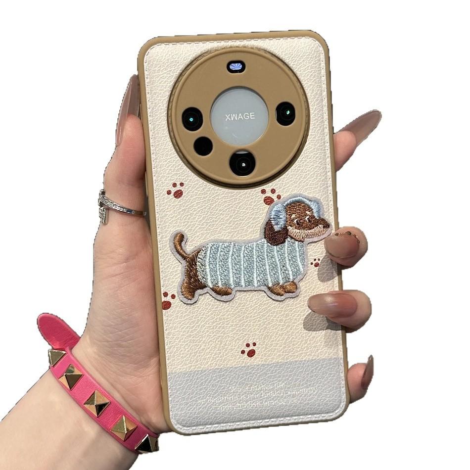 Autumn and winter embroidery dachshund suitable for Apple 17Promax mobile phone case IP16 bulge bag air cushion 15 cute 14 fine holes