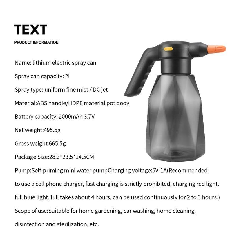 Electric Spray Bottle 2L, Rechargeable Battery Powered Sprayer Spray Electric Handheld Sprinkler Atomizing Watering On a Single