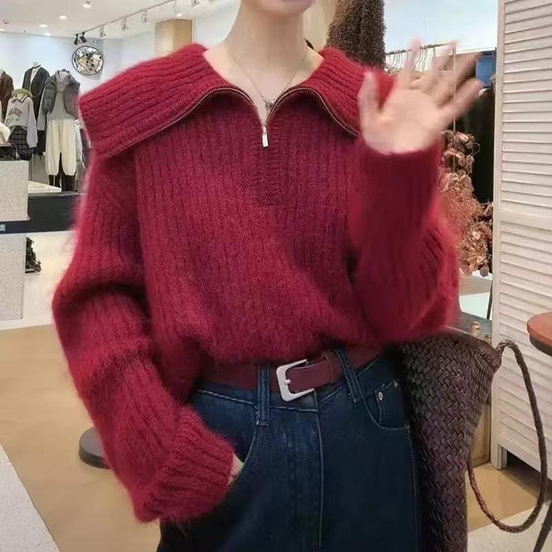 Thick and Loose Design Half Zipper Knitted Sweater Top Knitted Sweater for Women