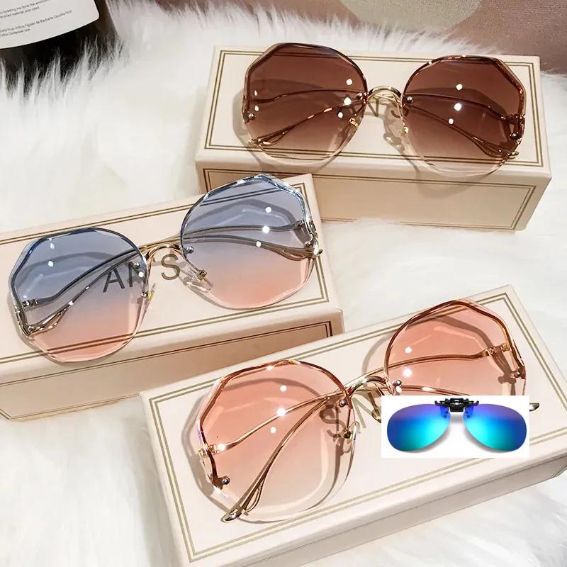 Yiran Glasses Women's Rimless Sunglasses Polygon Stylish Popular Men Shades Big Frame Round Shape Sun Glasses For Oculos Gradient Sunglasses