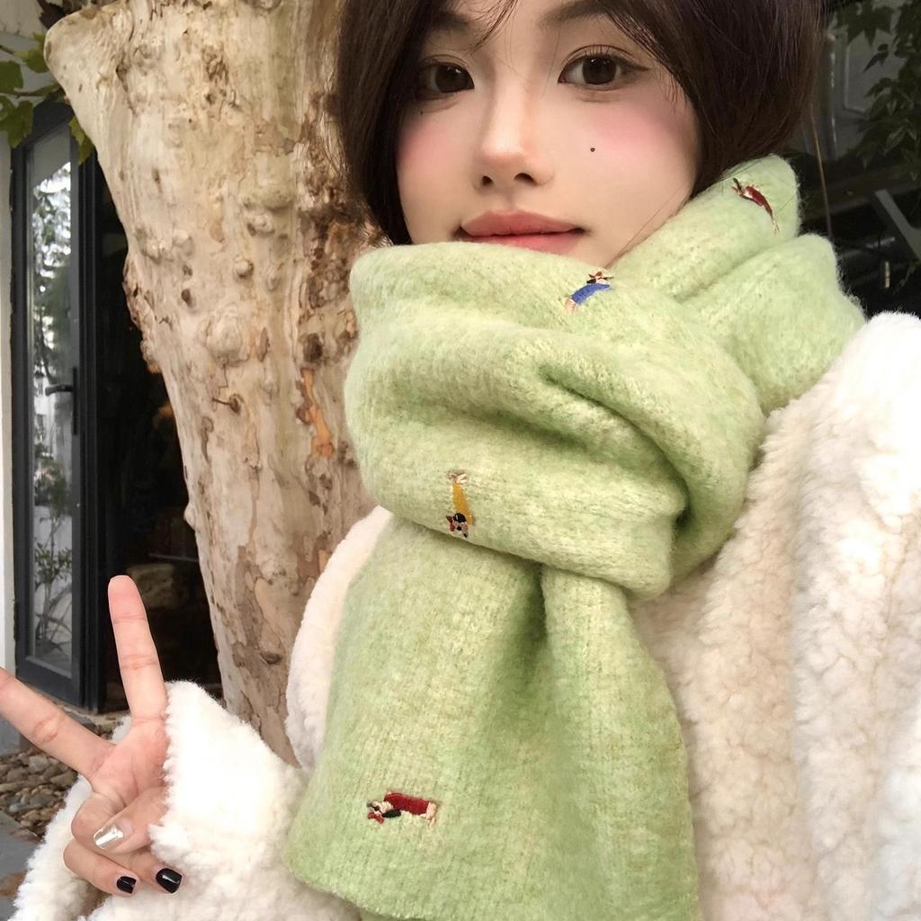 Korean Autumn and Winter Atmosphere, Dachshund Dog Embroidered Knitted Scarf, Female Student Warm Neck Protection and Cold Protection Versatile Scarf