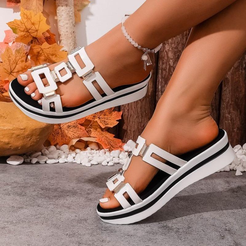 Damen Peep Toe Doppel-Schnallen Plateau Sandalen, Klobiger Absatz Sommerschuhe, Übergröße Freizeit-Schuhwerk