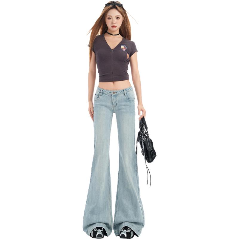 Light Blue Women's Retro Low Waist Micro Flare Jeans with Bamboo Texture - Elastic and Slimming Hot Girl Style