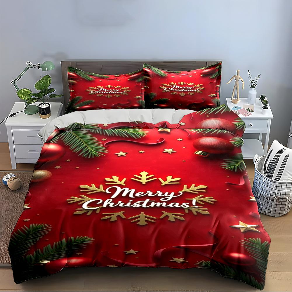 Gold Merry Christmas Festive Decor Bedding Set (1 Duvet Cover, 2 Pillowcases, Duvet Not Included)
