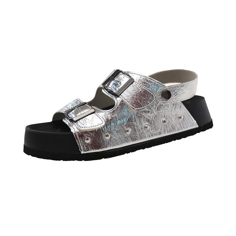 

Double-breasted belt buckle one-word muffin sandals women s 2025 summer Korean version new beach Roman platform Borken sandals 40 срібний