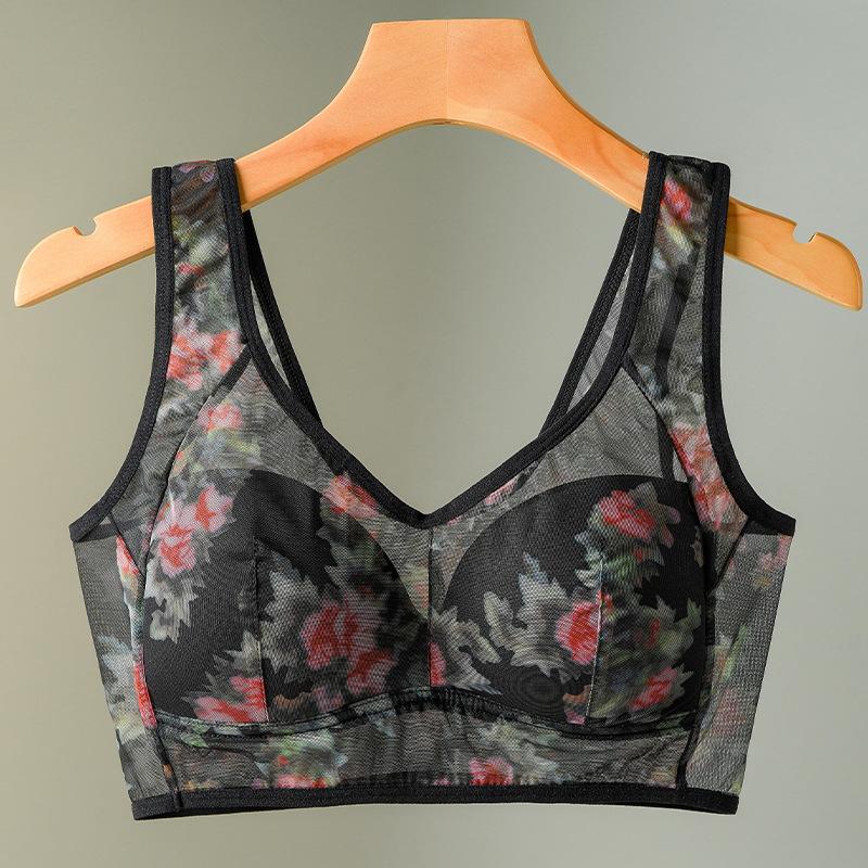 Floral Print V Neck Wide Strap Bra L чёрный