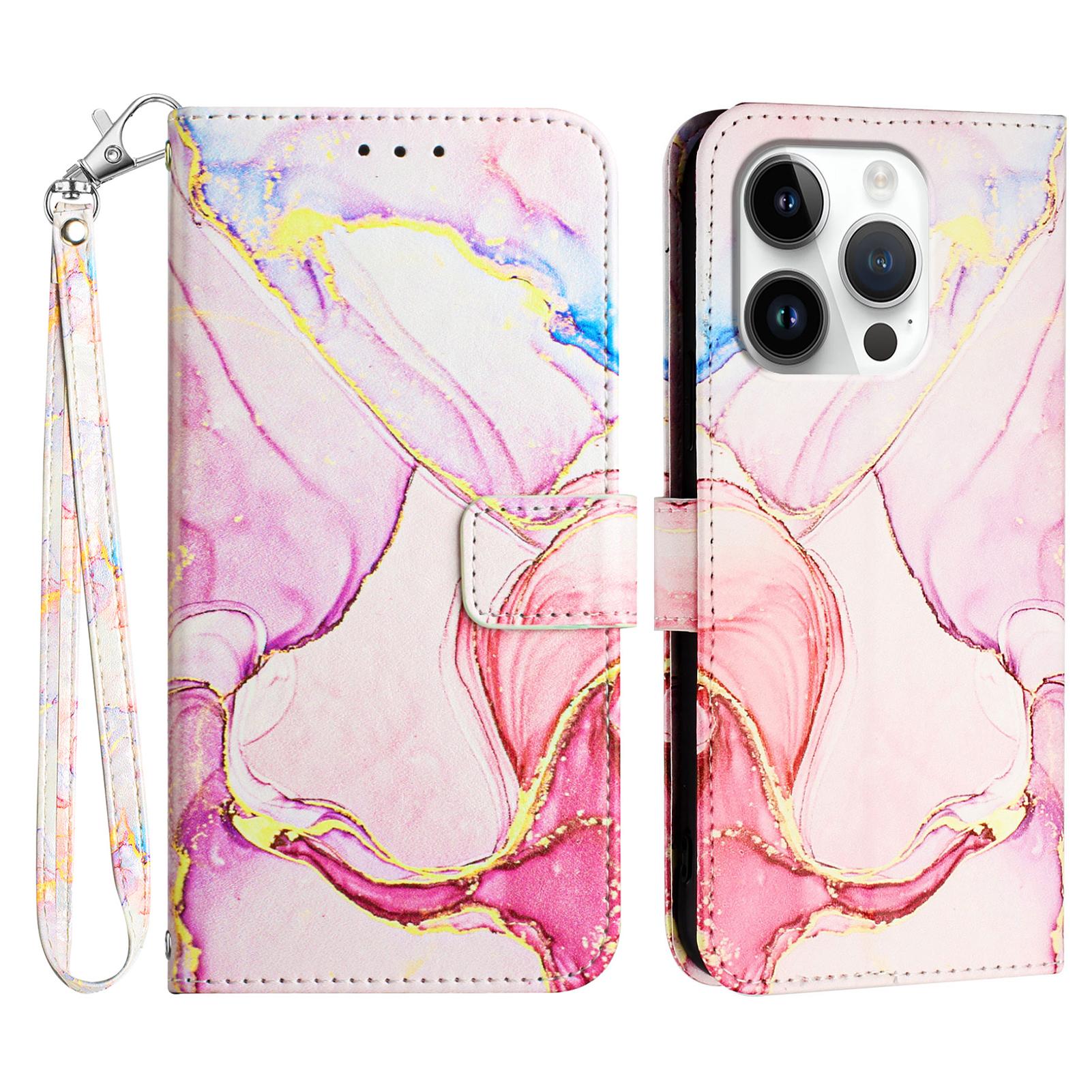 

For iPhone 16 Pro Max Case with Strap Marble Pattern Leather Phone Cover Card Holder B