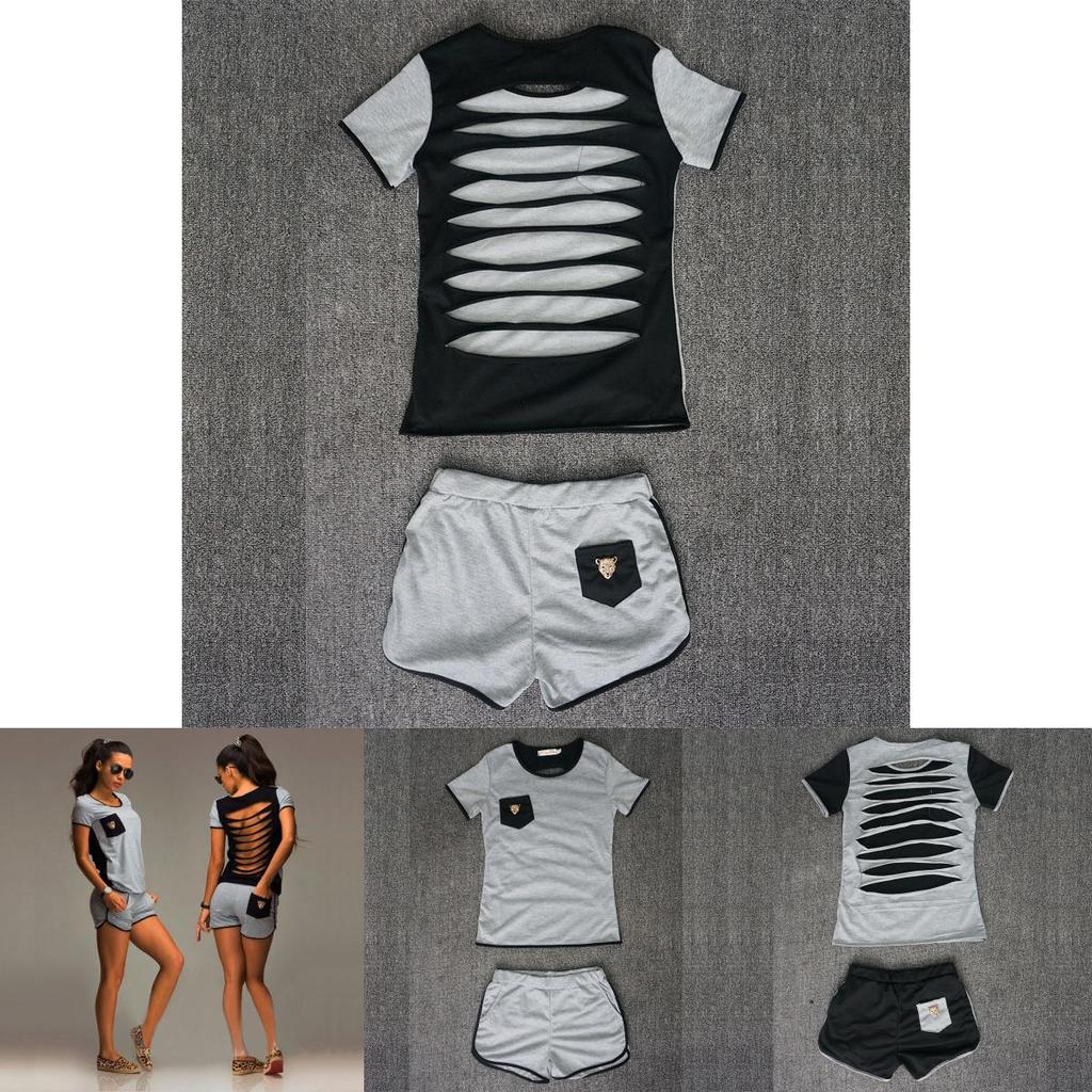 Women Sexy Short Sleeve Sportwear Top Pants Tacksuit Sets Jumpsuit T-shirt In Premium Cotton