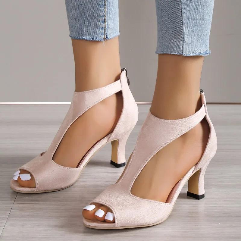 Fashion Women's Shoes 2024 Peep Toe Women's Sandals Cover Heel Dress Sandals Women Round Toe Back Zip High Heels Plus Size Shoes Women
