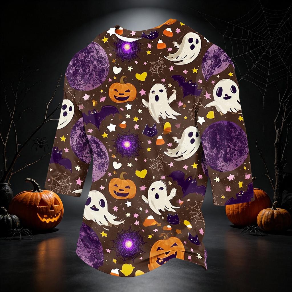 Men's Casual 3/4 Sleeve Round Neck T-Shirt with Halloween Print