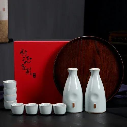 Chinese liquor glass set household spirit glass wine set ceramic jug Qingru kiln wine glass warm jug
