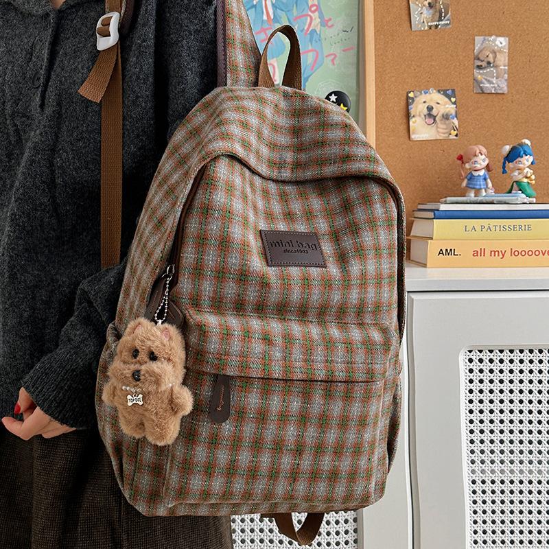 Schoolbag Mori ins wind corduroy plaid schoolbag for female junior high school students large capacity casual versatile backpack travel backpack
