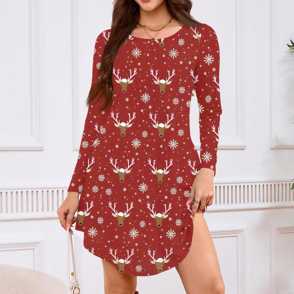 Women's Long-sleeved T-shirt Dress With Round Neck, Knee-length, Loose Fit, Casual And Pockets