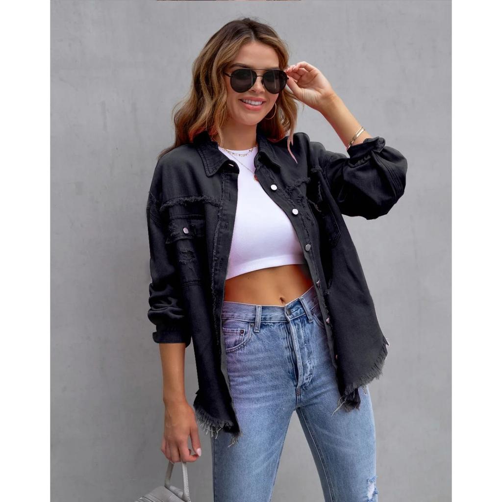 VAYLA Holes Raw-edges Denim Jacket Women Spring Autumn Shirt Style Jeancoat Casual Top Rose-Red Orange Purple Outerwear Lady Coat