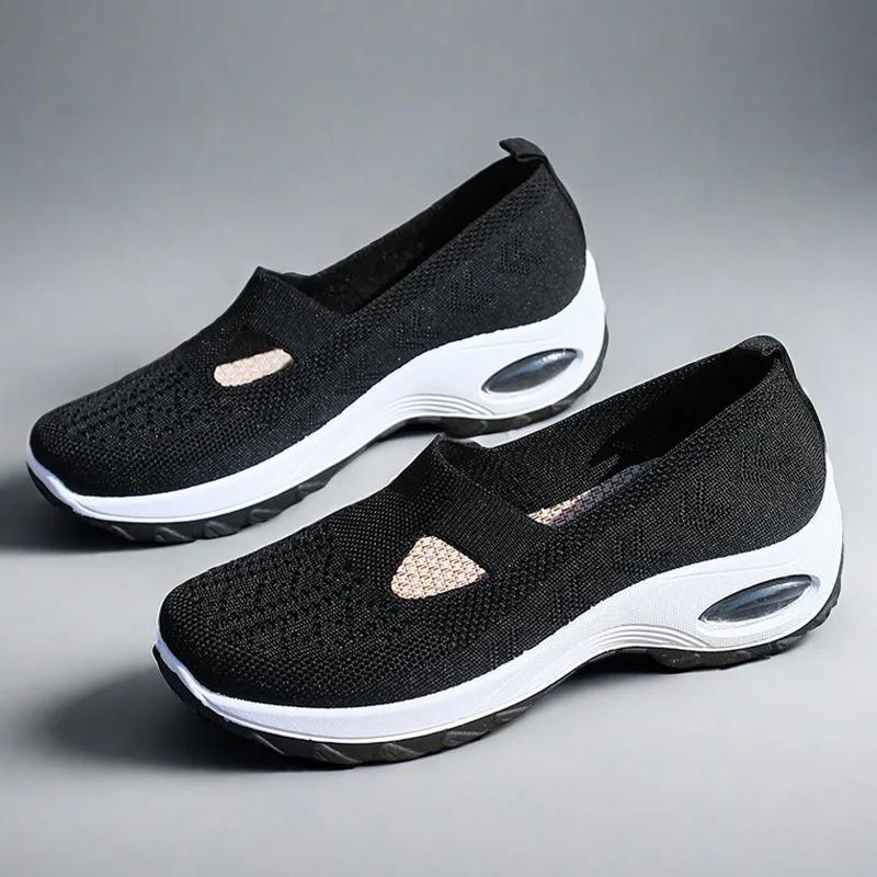 Jarní a letní nové sportovní boty se vzduchovým odpružením, prodyšný pletený svršek, mělké boty s měkkou podrážkou a rovnou podrážkou pro ženy