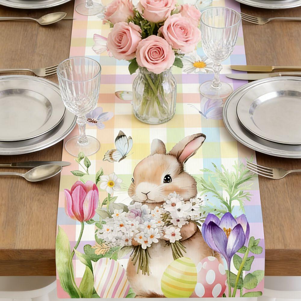 Oil-resistant Easter Table Flag Waterproof Easter Table Runner Rabbit Dining Table Cloth  Colorful