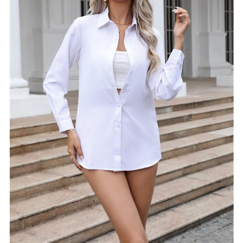 

Women Spring New Mid Length Loose Sexy Sleepwear Long Sleeve Chiffon Blouse S белый