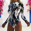 Women Plus Size Blue White Printed High Neck Front Zip Long Sleeve One Piece Swimsuit