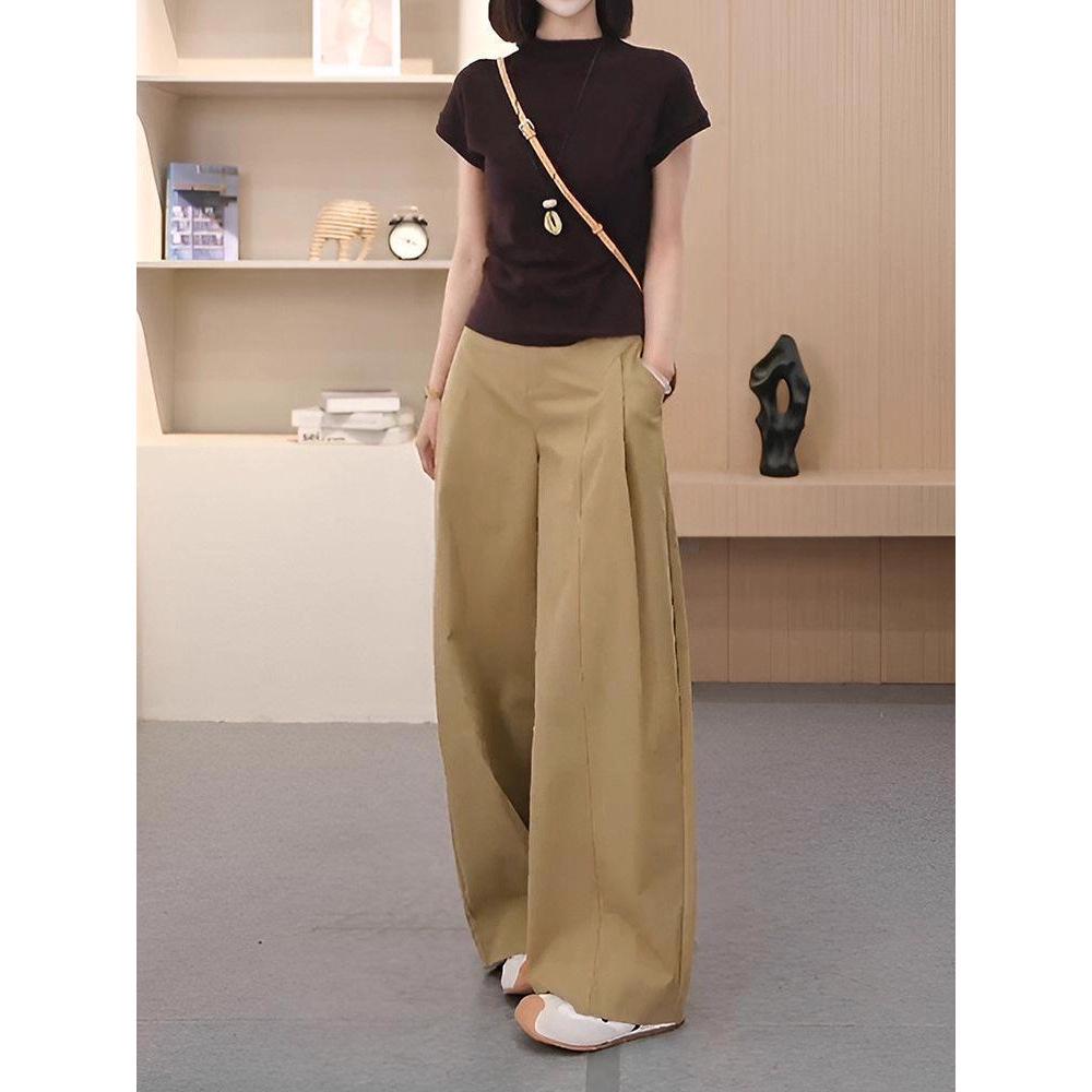Women's High-Waisted Khaki Wide-Leg Pants with Side Pleats - Slimming, Trendy Fashion for Spring & Autumn 2025