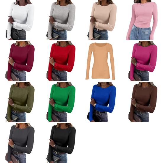 Dámské pulovry Žebrovaný top s dlouhým rukávem Spodní díl Běžný střih Lehká košile s kulatým výstřihem Pro každodenní nošení