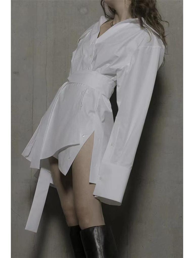 Retro Irregular Waist-Cinched Loose Shirt Dress – Niche European & American Design