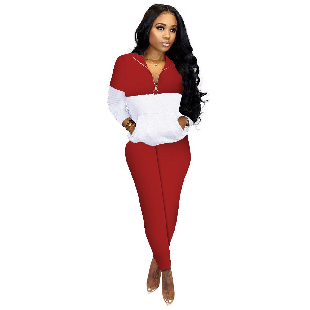 D9811 hot-selling European and American women's clothing, fashionable and casual solid color splicing long-sleeved trousers two-piece set