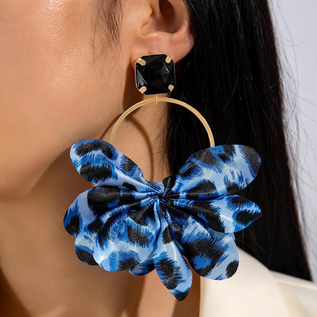 Grenzüberschreitende Mode Übertriebene Bunte Leopardenmuster Stoffohrringe Geometrische Kreisförmige Ohrringe Imitations-Edelsteinbesetzte Ohrringe für Frauen