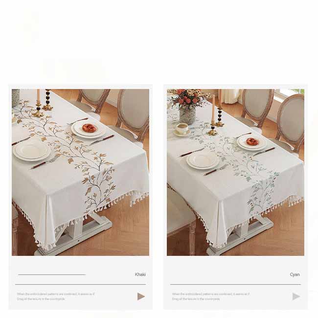 Nappe Brodée en Coton et Lin avec Pompons - Housse de Table Carrée Rectangulaire Ronde pour Table à Manger Table Basse Décoration de Maison