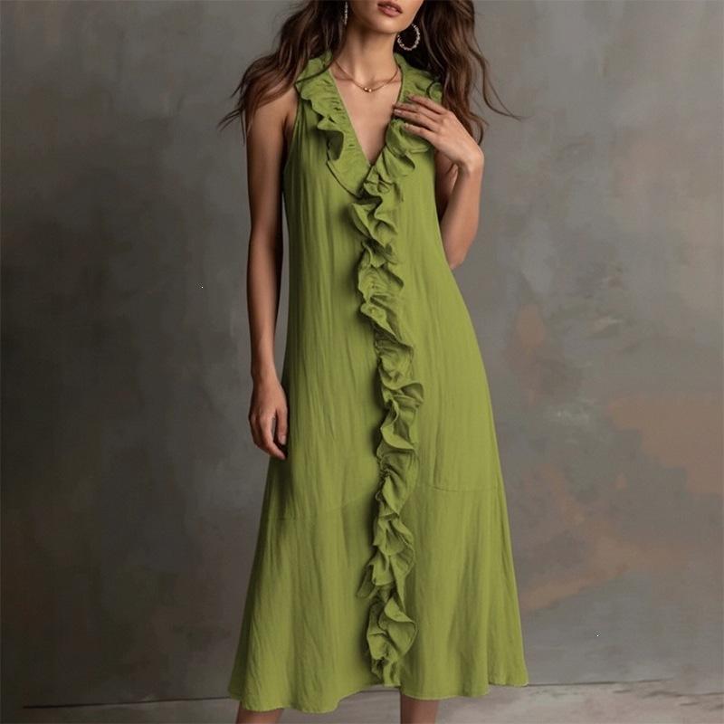Spot women's clothing spring and summer new solid color sleeveless cotton and linen V-neck large pendulum ruffle edge dress