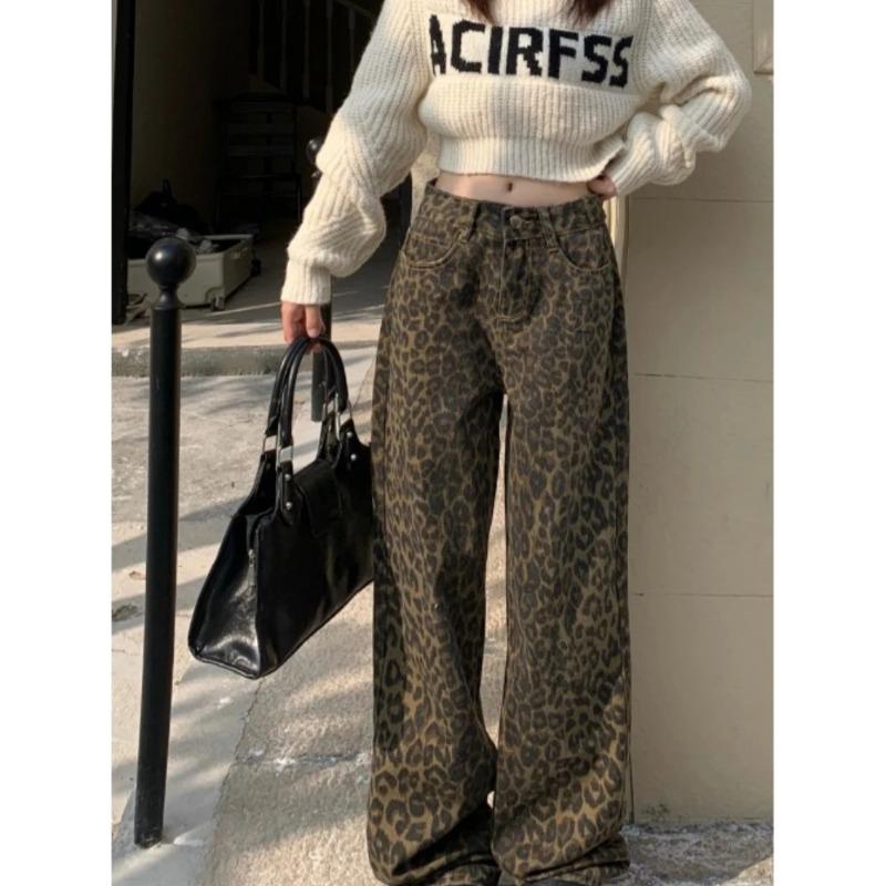 Spodnie damskie z szerokimi nogawkami w panterkę w stylu vintage Pantalon damskie z wysokim stanem proste dżinsy Y2k Casual Fashion koreańskie spodnie jeansowe