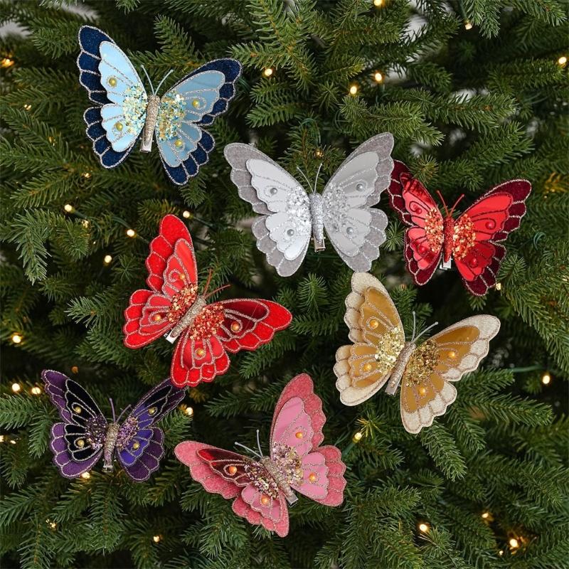 Pack Of 3 Double Layer Butterfly Christmas Tree Clip Accessory Elegant Fabric Ornament For Holiday Decorations
