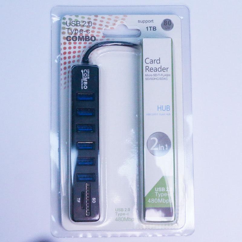 True 2.0 USB Hub: 6-Port Splitter Docking Station with 2-in-1 Card Reader for File Transfer