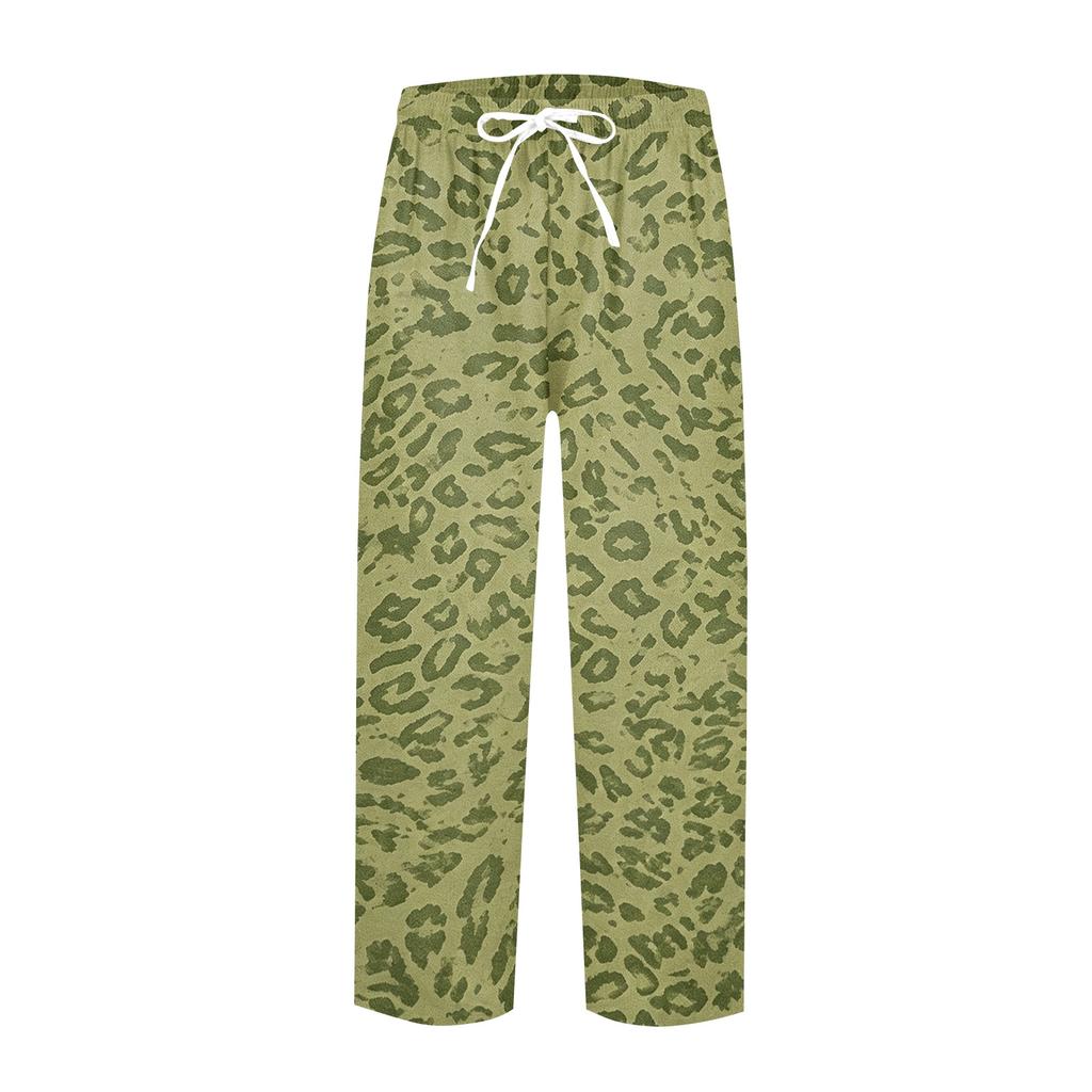 Women's Leopard Print Casual Pants with Elastic Waistband and Side Pockets