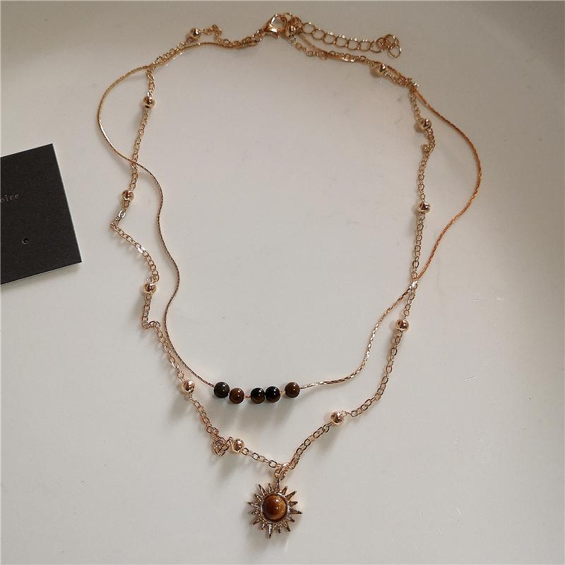 Vintage Leather Brown Stone Sun Pendant Beaded Choker Clavicle Chain Necklace For Women Unique Personalized Grunge Jewelry