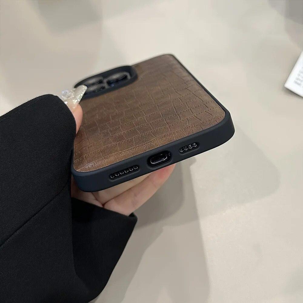Retro Crocodile Texture PU Leather Phone Case For iPhone 15 Plus 14 13 12 11 Pro Max Luxury Soft Shockproof Bumper Back Cover