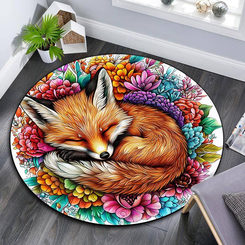 Sleeping Fox Round Area Rug,Carpet Rug for Living Room Bedroom Sofa Playroom Decor,Non-slip Floor Mat