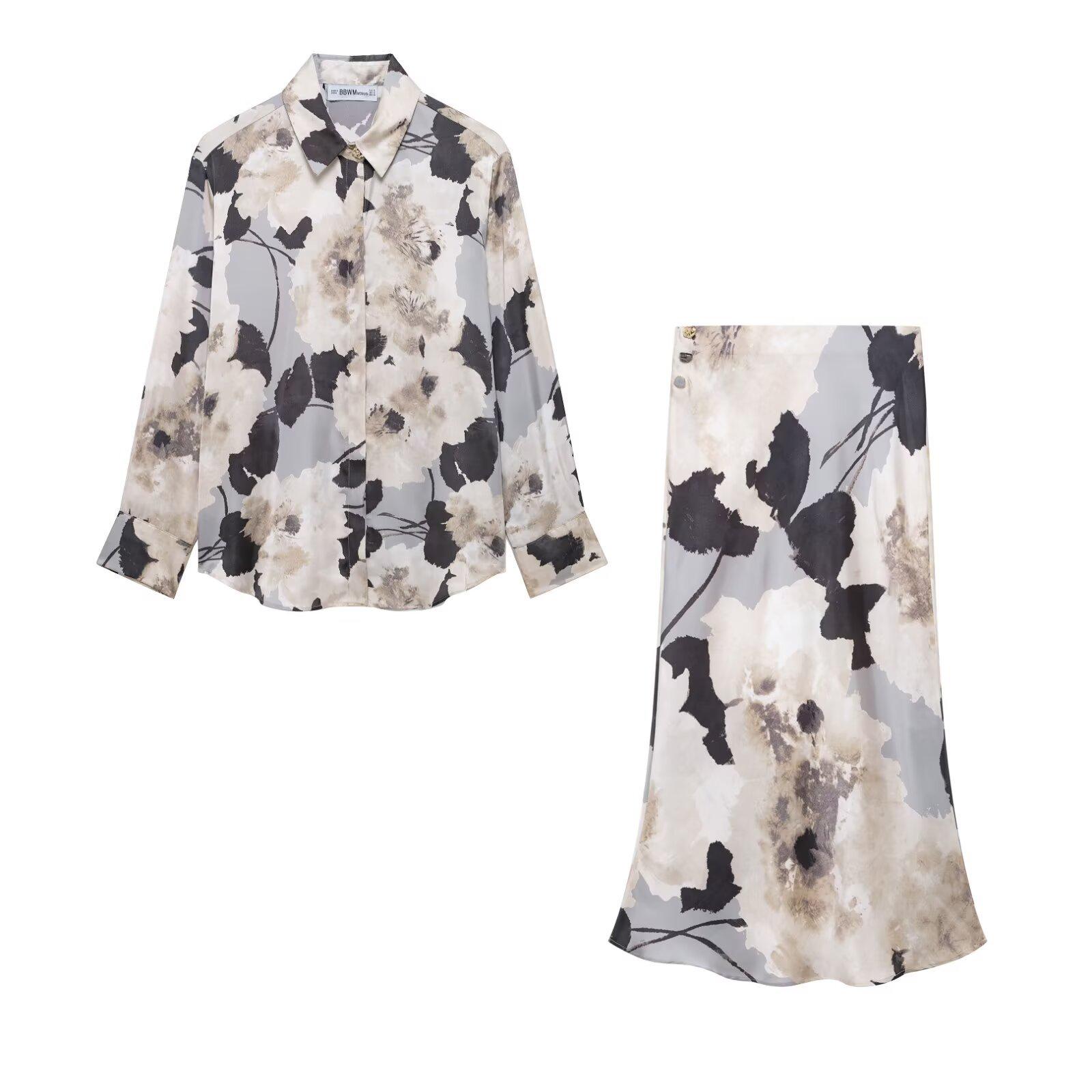 

Spring 2025 Silk Satin Shirt & Midi Skirt Set - European & American Fashion Style for Women Large