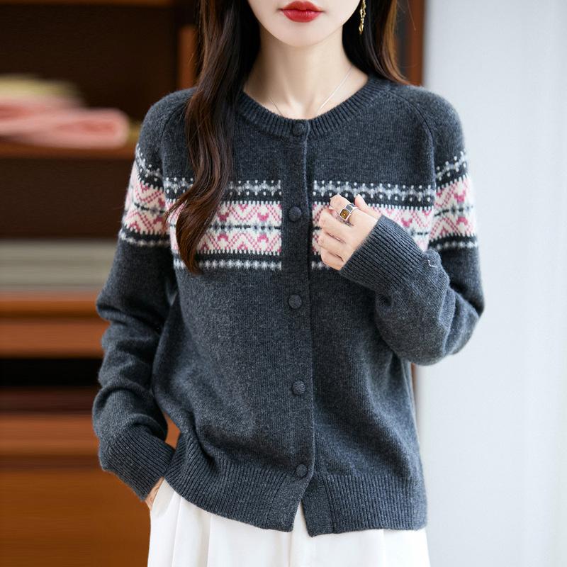 

Вязаный кардиган с круглым вырезом, с длинными рукавами, женский, на пуговицах, жаккардовый, теплая куртка для осени и зимы, новый ретро-стиль L