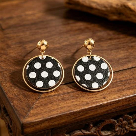 Retro Cute Polka Dot Color Block Earrings: Japanese-Korean Leather & Alloy Studs for Women