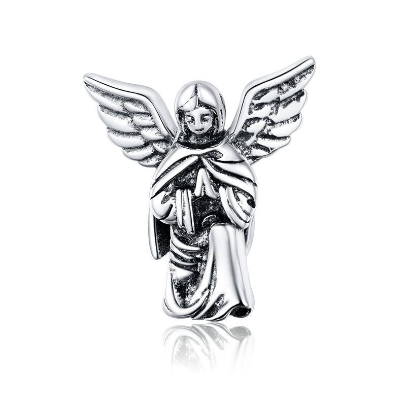 WOSTU 925 Sterling Silver Rainbow Moonstone Beads Heart Charms Angel Guard Pendant Fit Original Bracelet DIY Neckalce