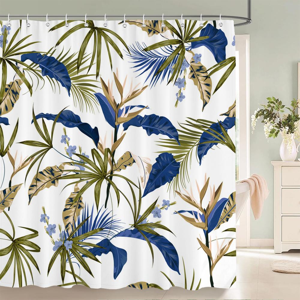 1Pcs Tropical Plants Black and Gold Leaves Printed Fabric Waterproof Shower Curtain, Bathroom Decoration Curtain, with Hooks