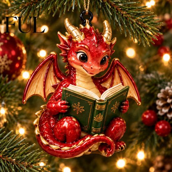 Creative Holiday Ornament for Garden Bookish Dragon Ornament, Fantasy Book Dragons Christmas Hanging Whimsical Decor Bookshelf Decoration, Acrylic