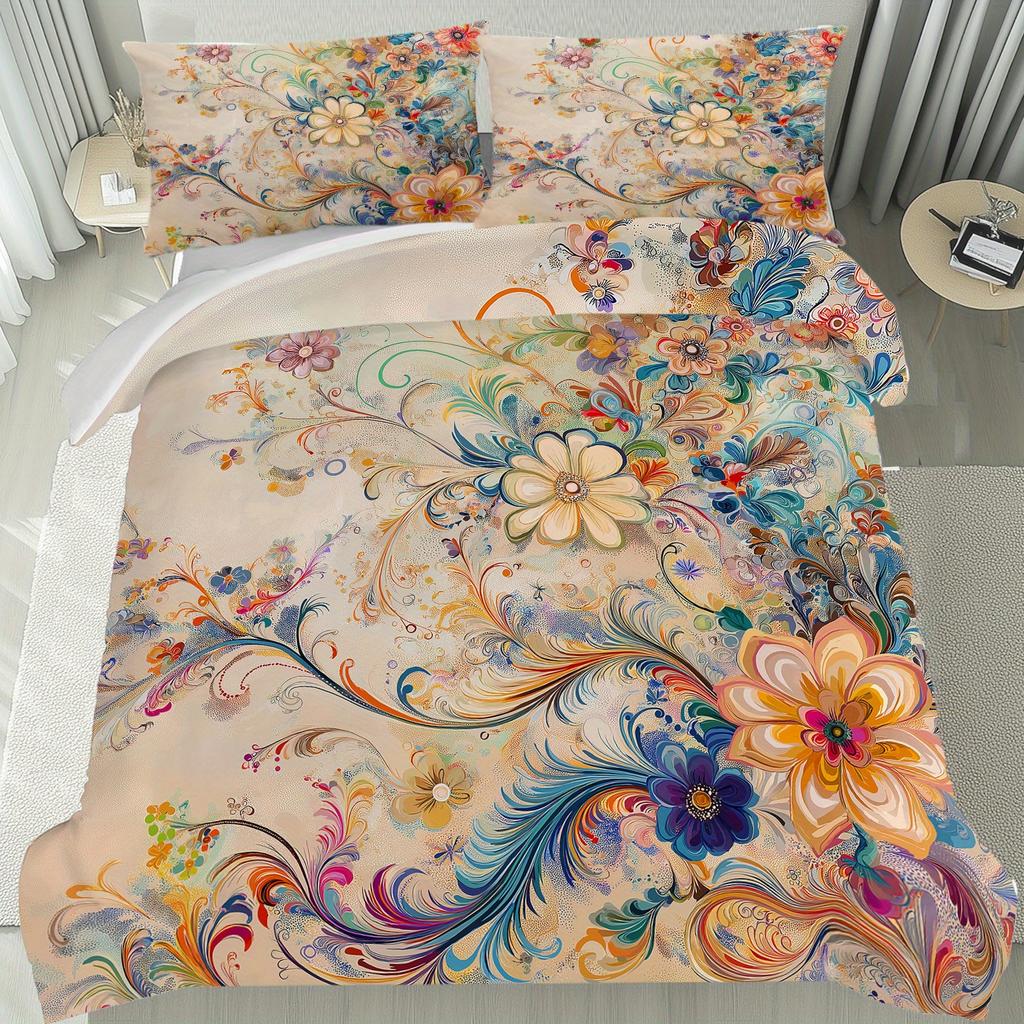 2/3-teiliges Künstlerisches Buntes Blumen-Bettbezug-Set, Weiche Atmungsaktive Knitterarme Bettwäsche mit Kissenbezügen, Maschinenwaschbar
