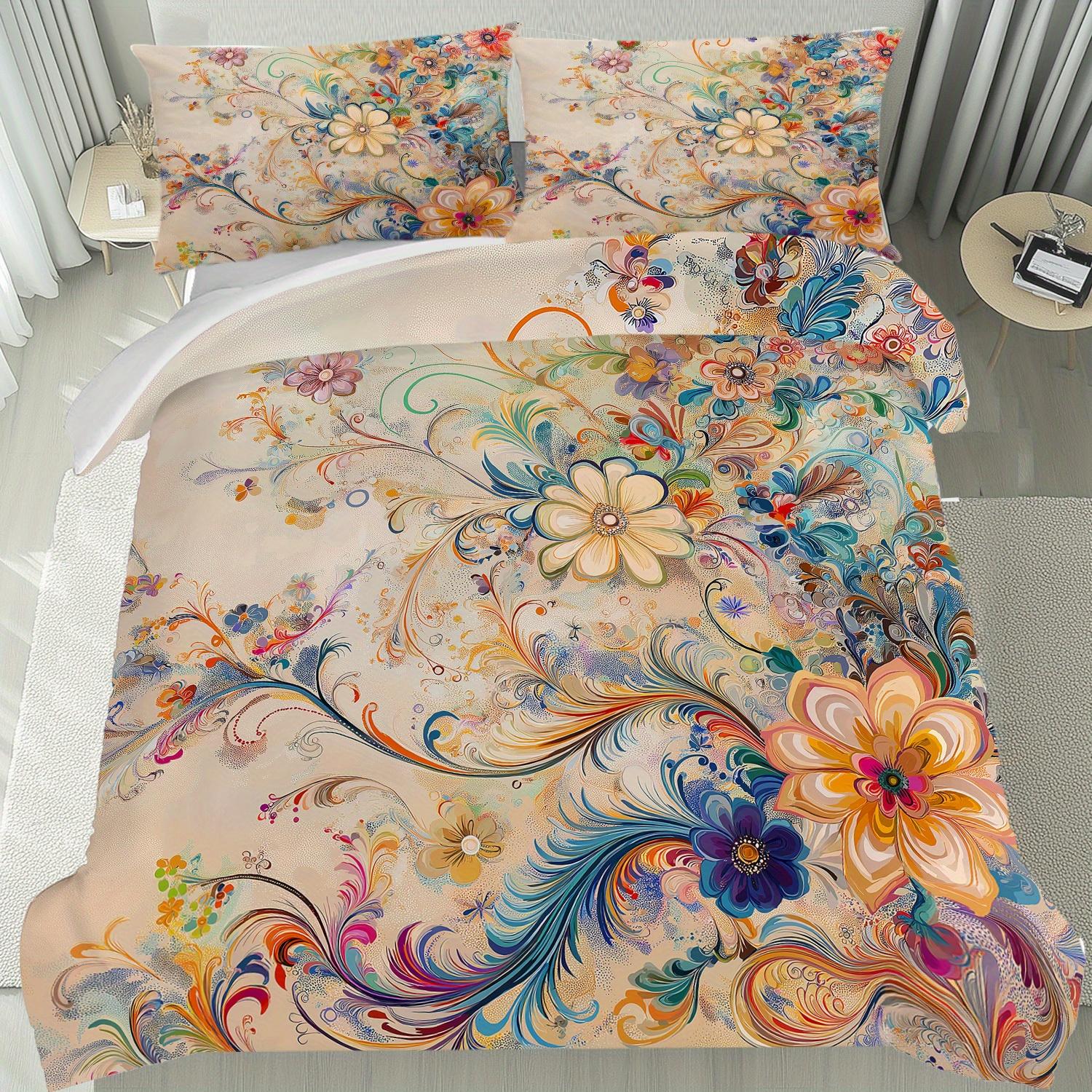 

Набор пододеяльника с художественным красочным цветочным принтом, мягкое дышащее немнущееся постельное белье с наволочками, можно стирать в машине EU Twin(135x200cm)