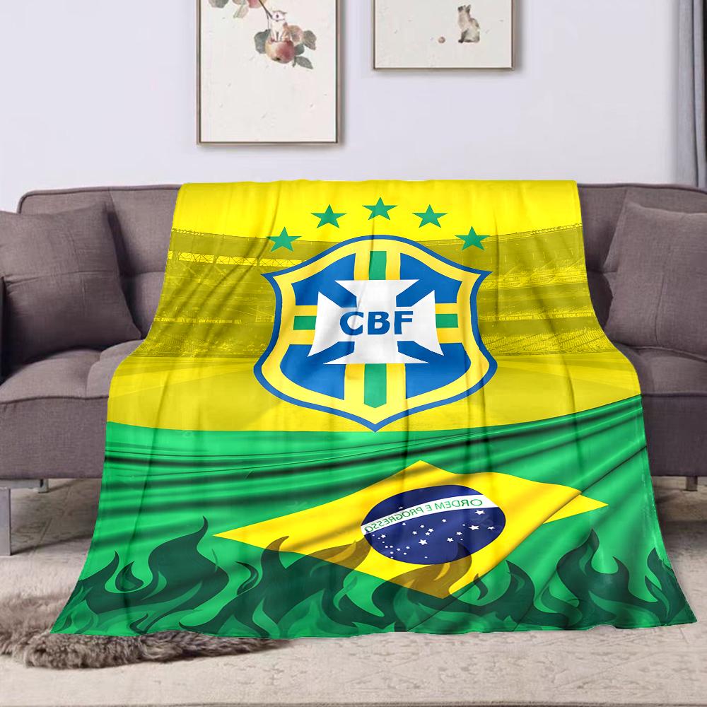 Brazilian Football Crest with Flag Patterned Flannel Blanket Perfect for the Bedroom Living Room, Sofa, or a Little Nap
