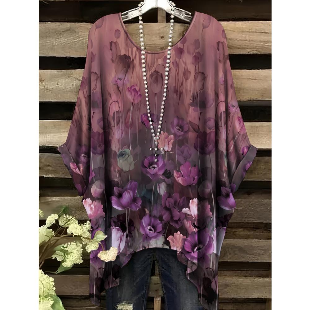 Haine de Vară Femei 2025 Albastru Marin și Alb cu Imprimeu Floral Elegant Versatil Design Decolteu Rotund Mânecă Scurtă Top Y2k pentru Femei